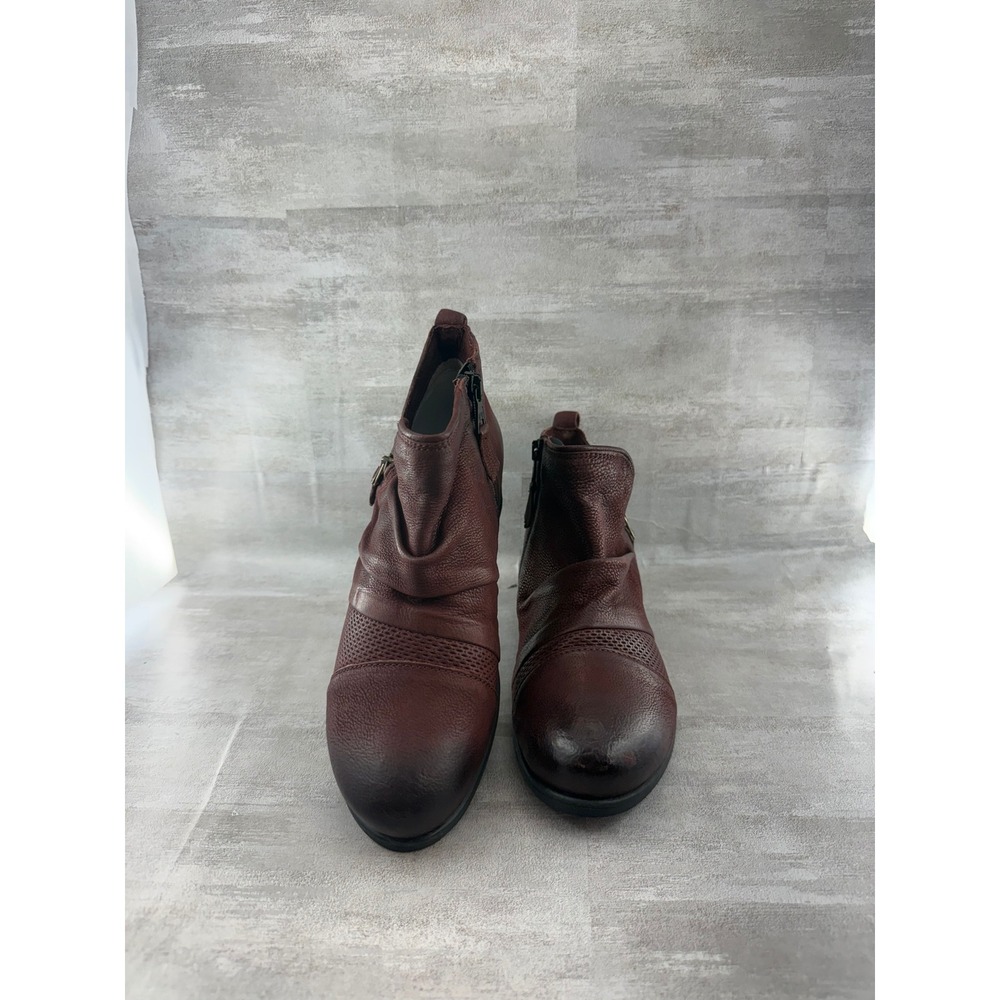 Miz Mooz Slinky Burgundy Leather Ruched Ankle Boots Wide Size 38 EU Women